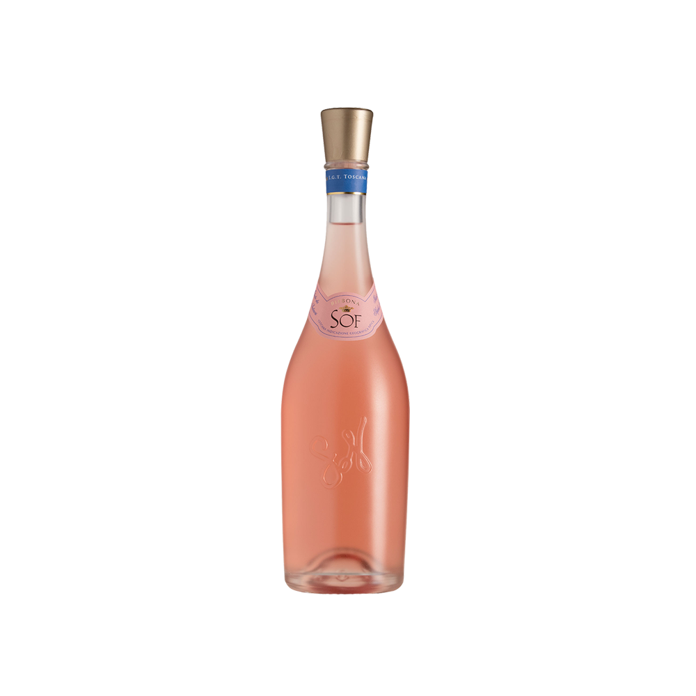 A bottle of Sof Rosato wine with a pink hue and a label that appears to be elegant and possibly organic, with a golden foil top.